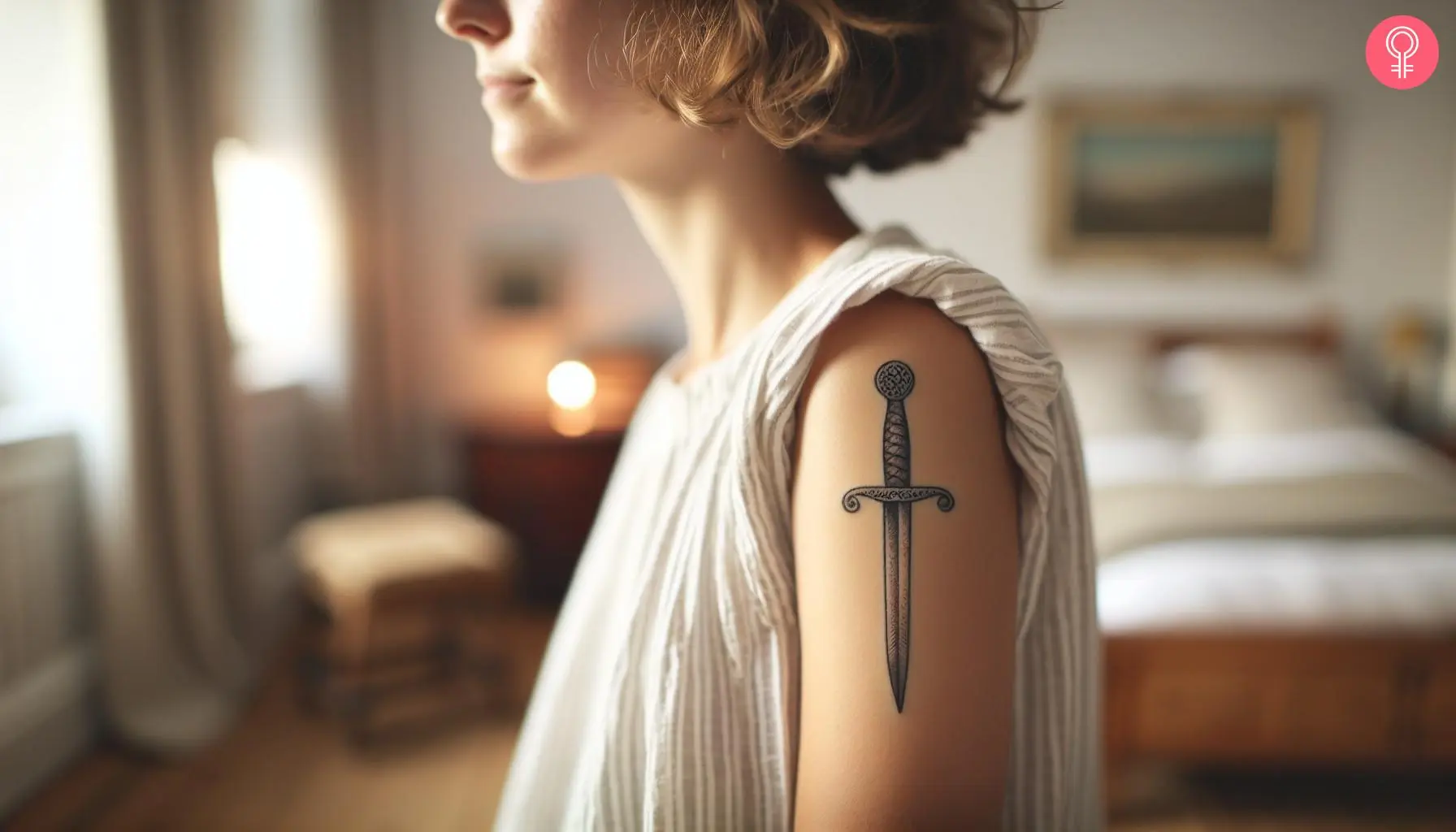 A woman with a black, medieval sword tattoo on her upper arm