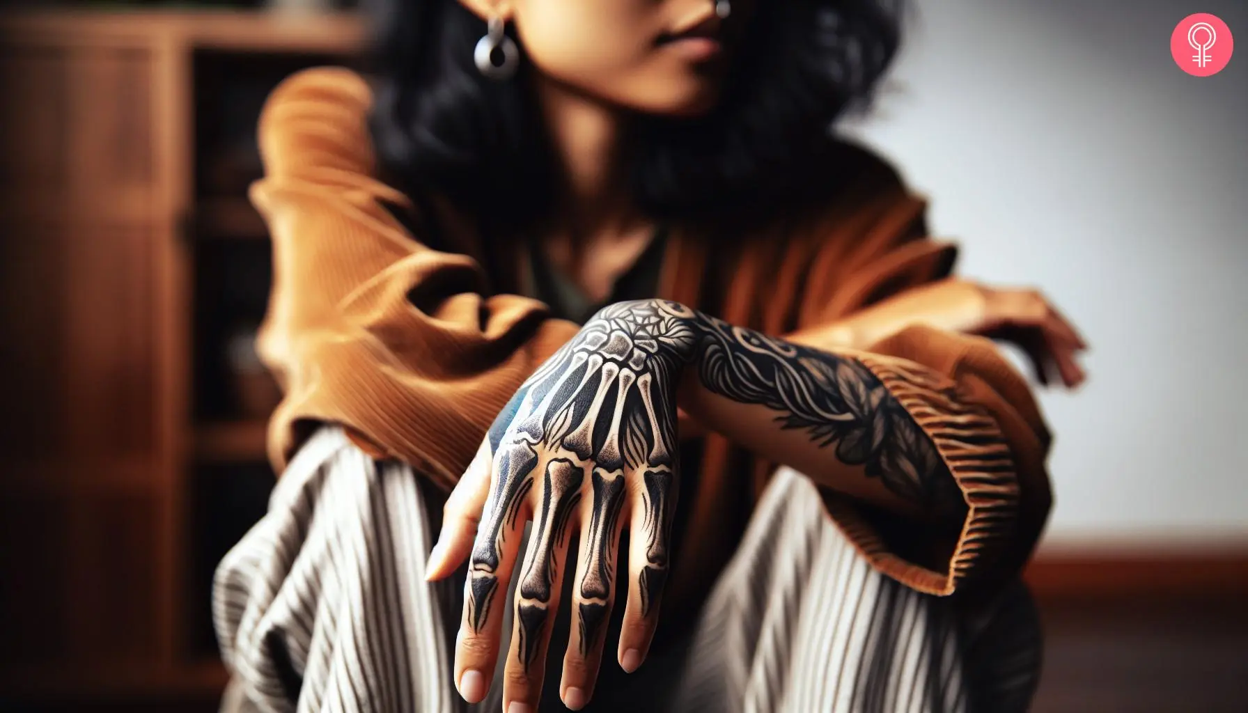 A woman with a black skeleton hand tattoo on her hand