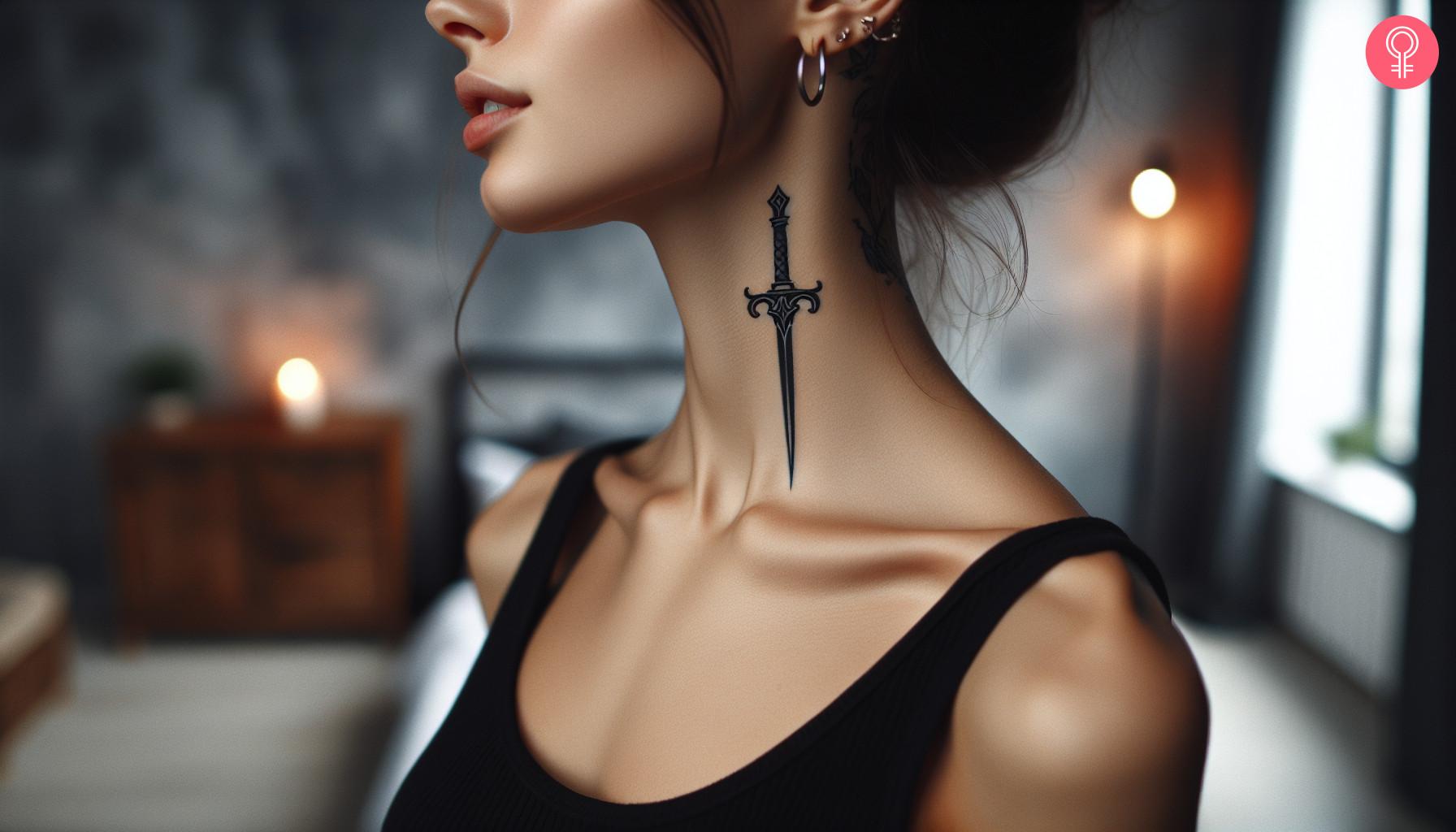 A woman with a black sword tattoo on her neck