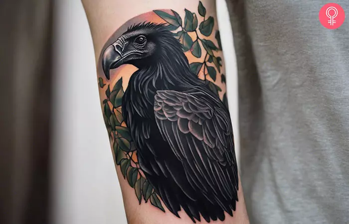 A woman with a black vulture tattoo on her forearm