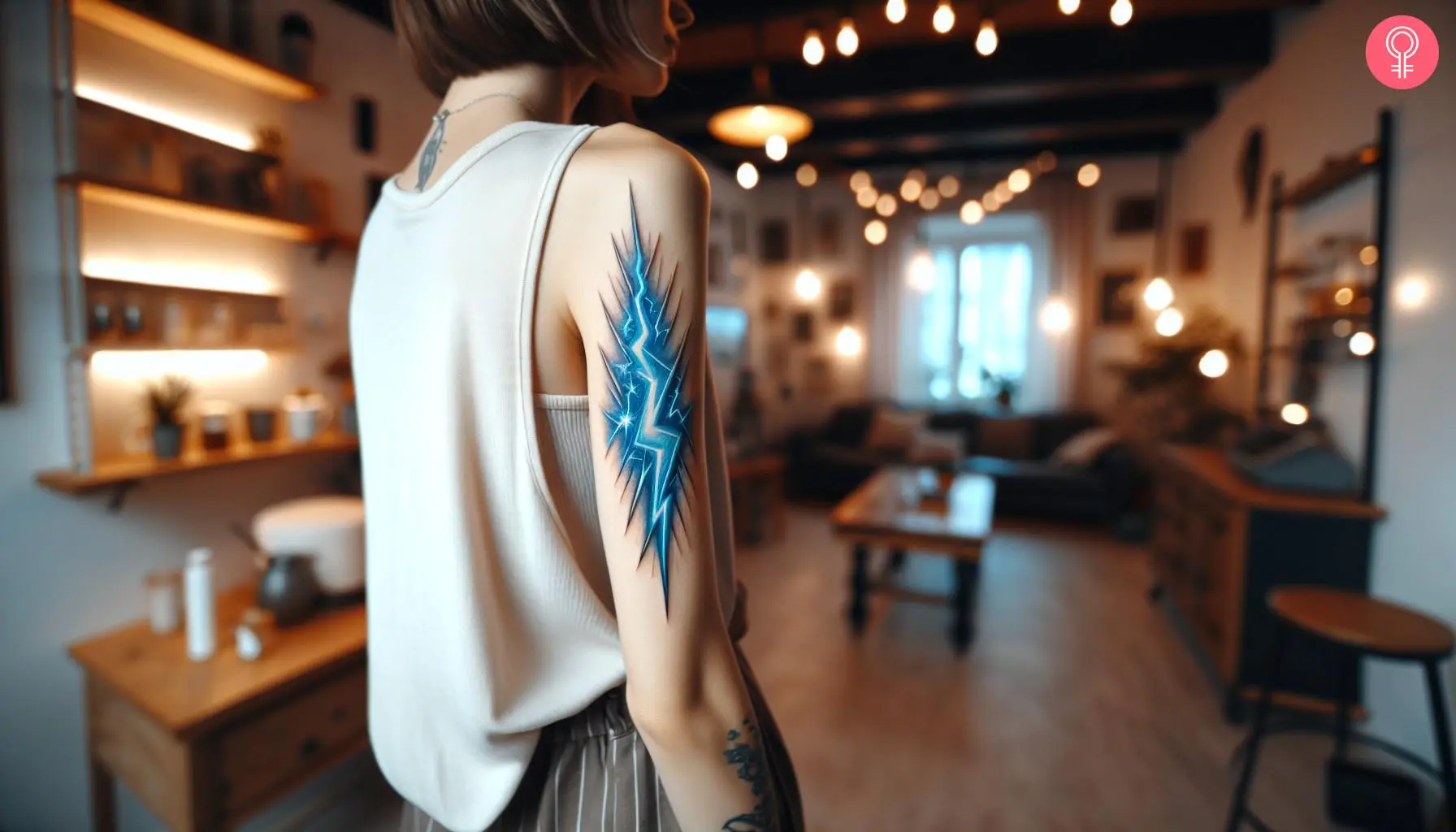 A woman with a blue lightning tattoo on her upper arm