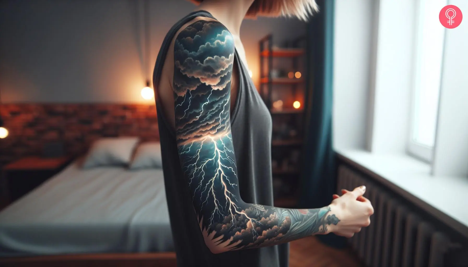 A woman with a bold lightning full-sleeve tattoo