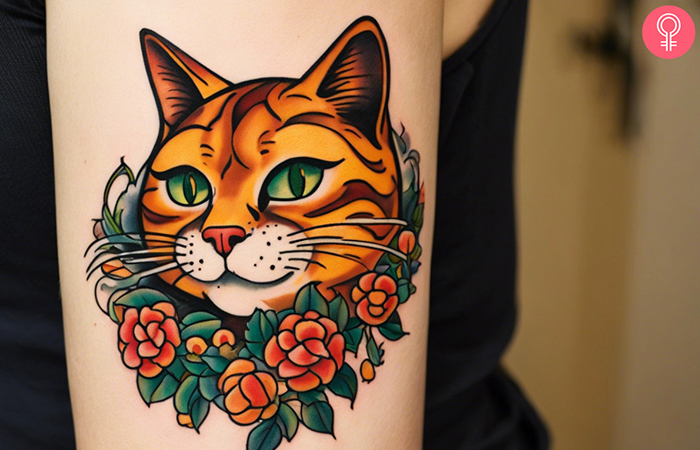 A woman with a cartoon cat tattoo on her upper arm