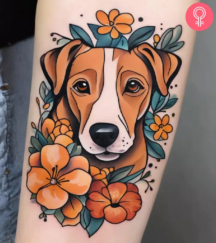 A woman with a cartoon dog tattoo on her lower arm