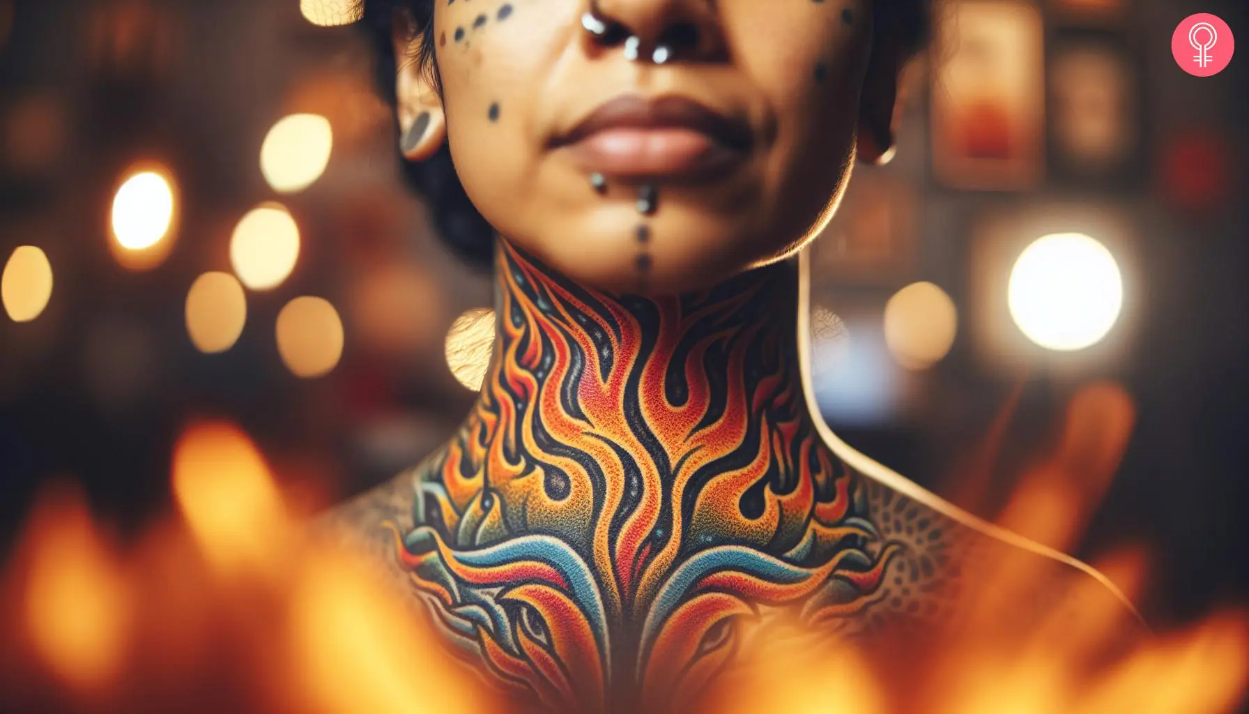 A woman with a colored hood flame tattoo on her neck