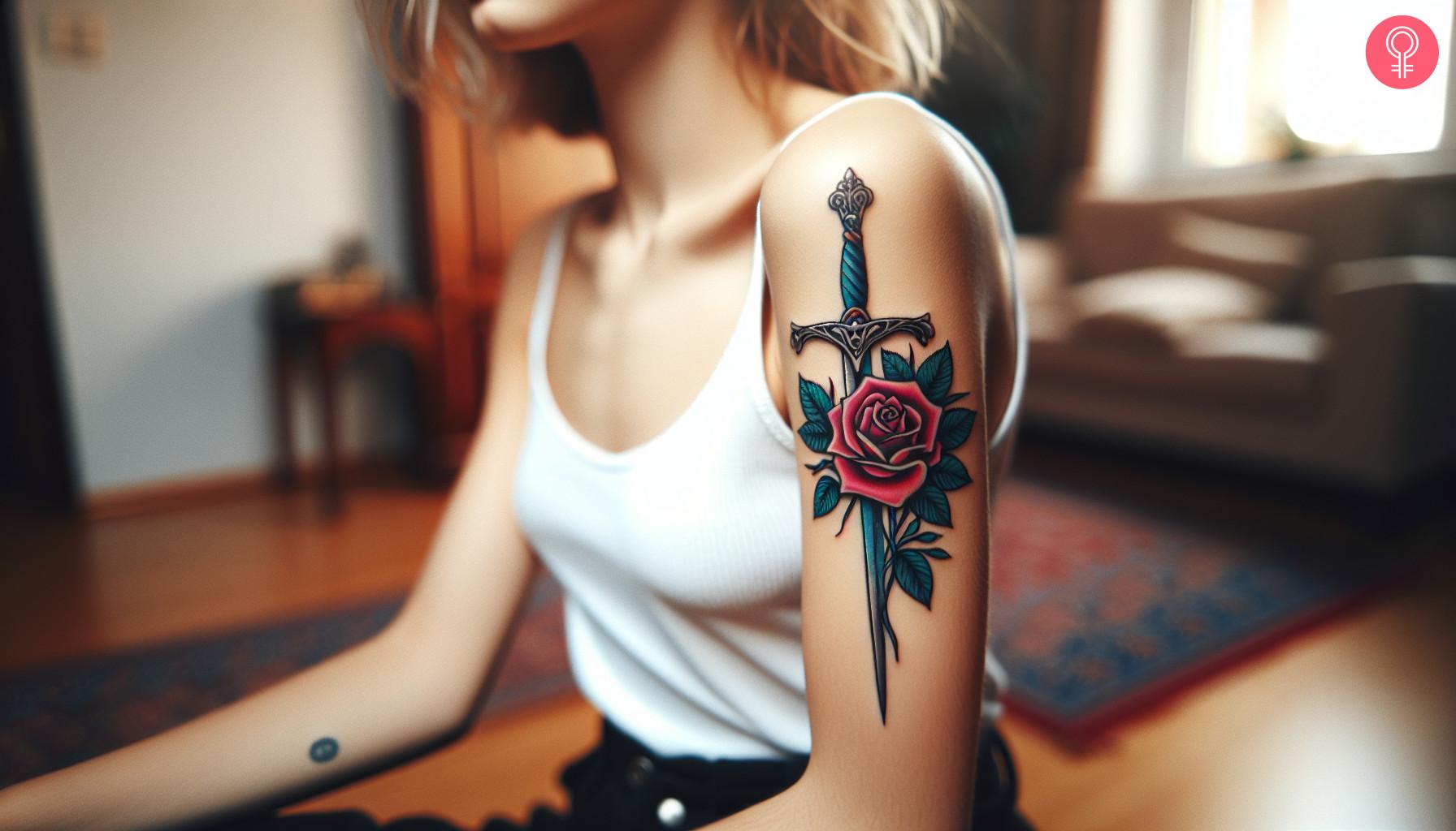 A woman with a colored sword and a rose tattoo on her upper arm