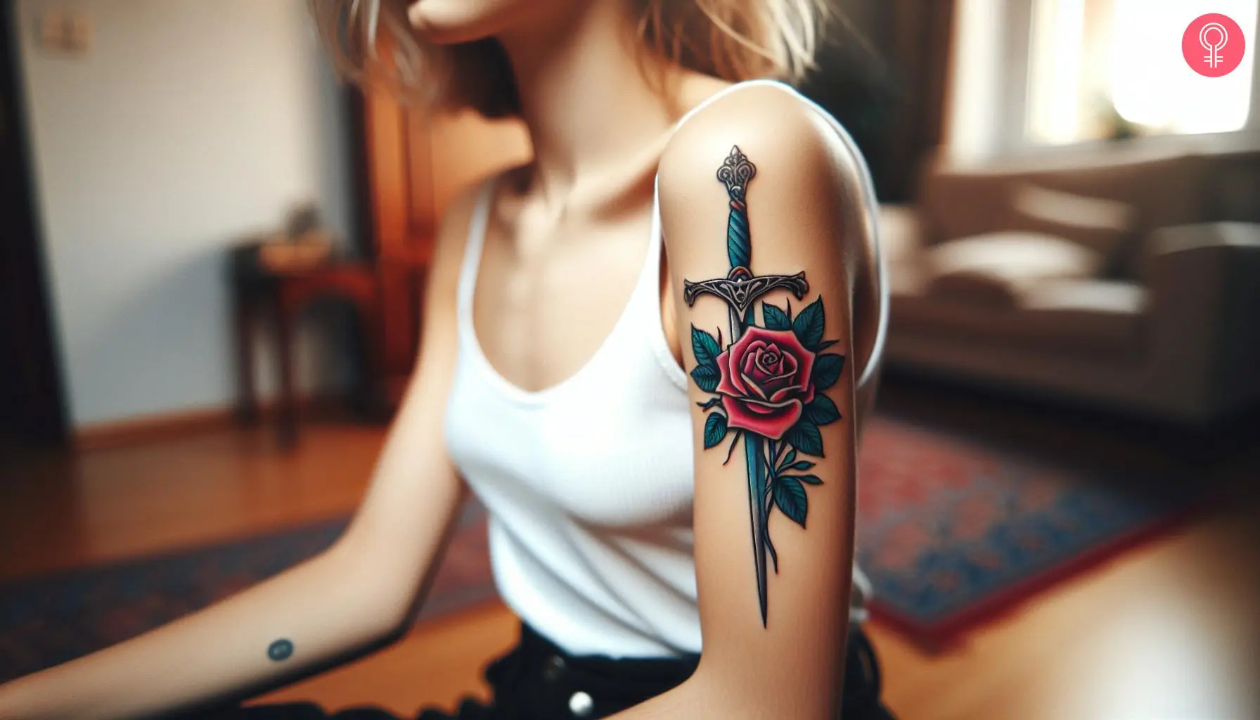 A woman with a colored sword and rose tattoo on her upper arm