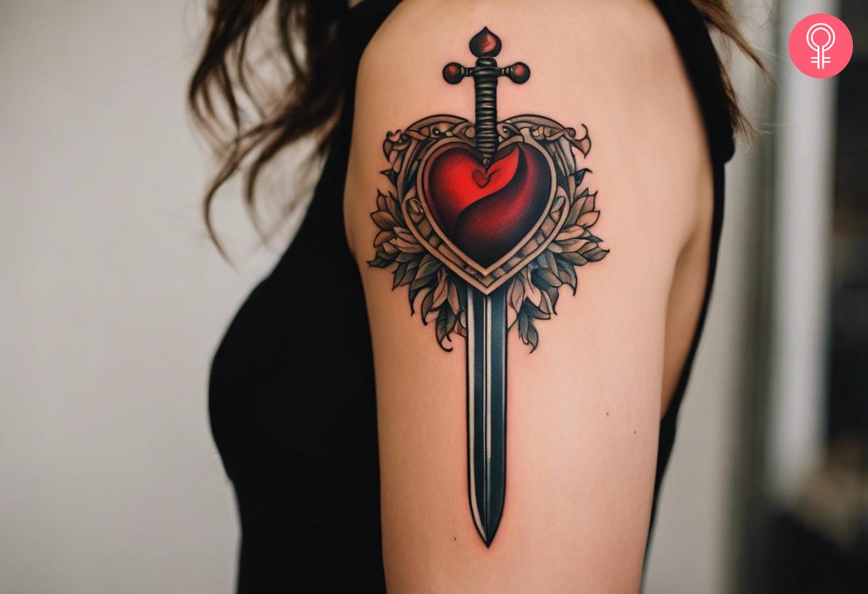 A woman with a colored sword through a heart tattoo on her upper arm