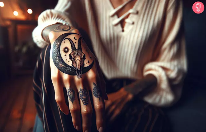 A woman with a crescent moon and goat skull tattoo