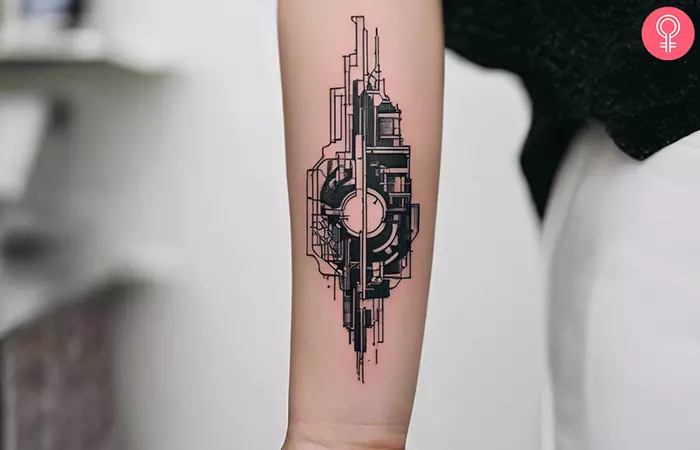 A woman with a cyberpunk tattoo on fore arm