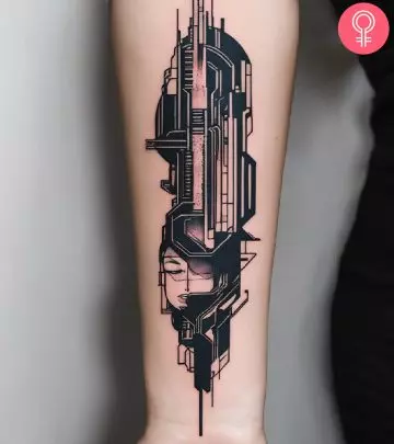 A woman with a cyberpunk tattoo on forearm.