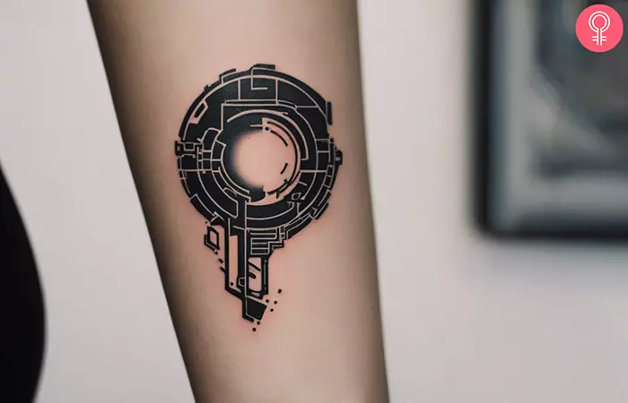 A woman with a cyberpunk tattoo on forearm