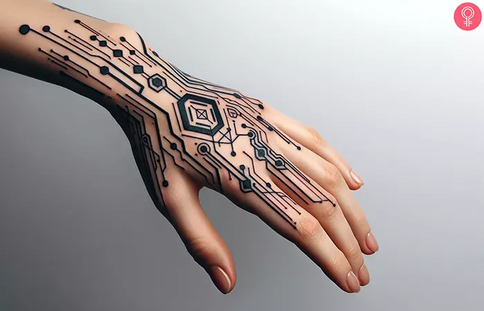 A woman with a cyberpunk tattoo on hand
