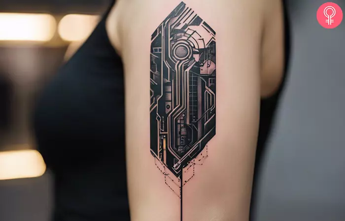 A woman with a cyberpunk tattoo on her upper arm 