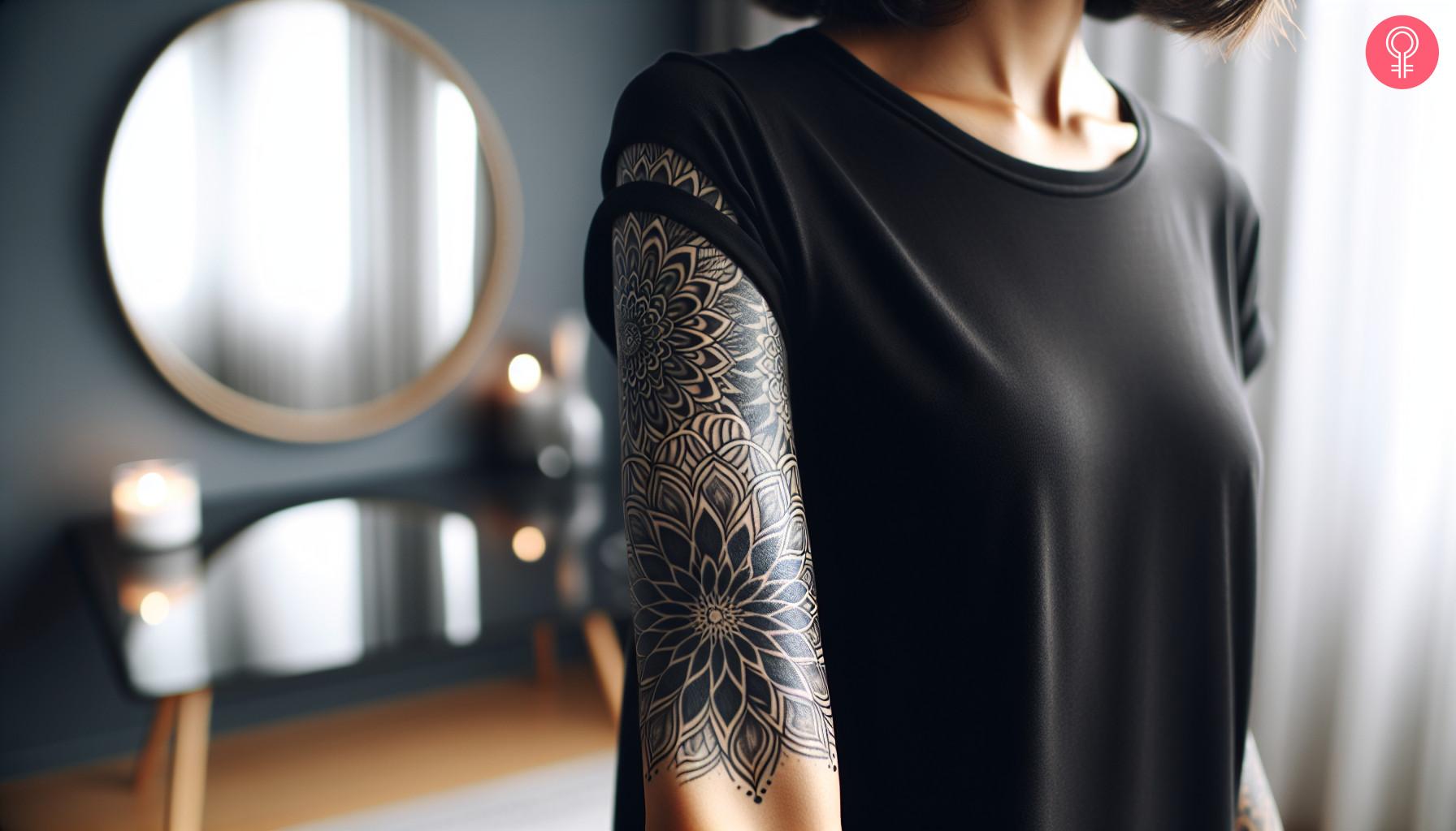 A woman with a dotwork mandala half sleeve blackout tattoo