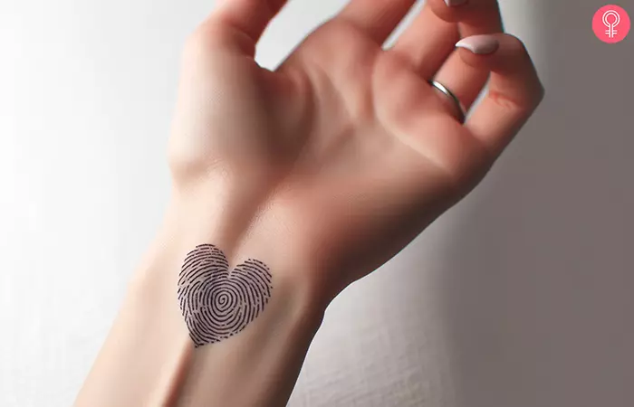 A woman with a fingerprint heart tattoo on the wrist