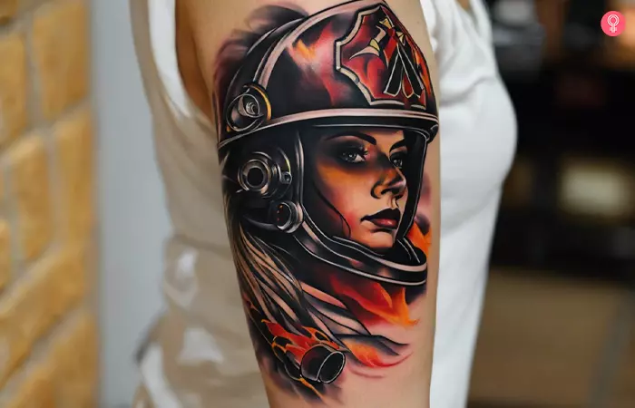 A woman with a firefighter wife tattoo on her upper arm