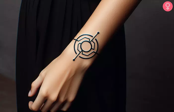 A woman with a geometric cyberpunk tattoo on arm