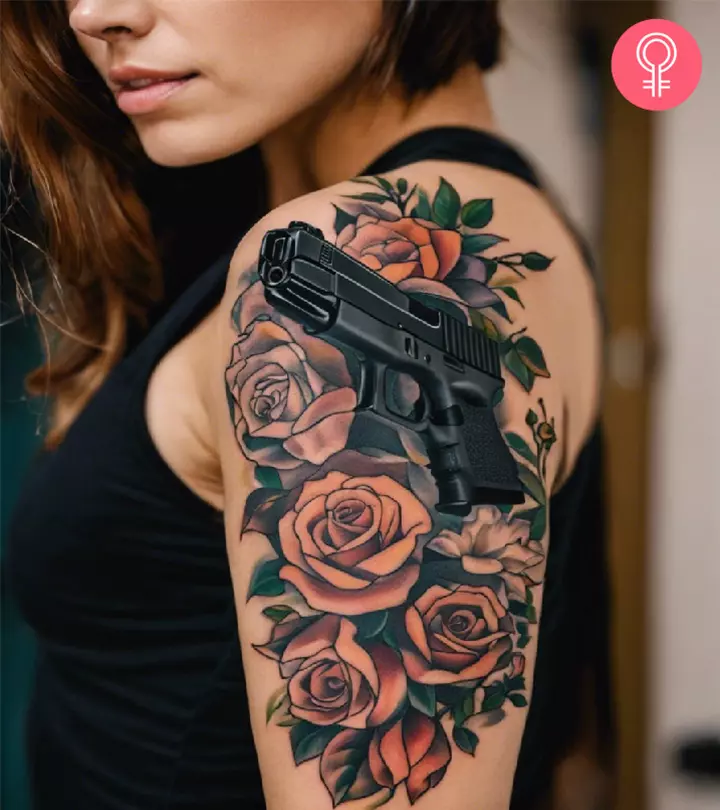 A woman with a glock tattoo on her upper arm