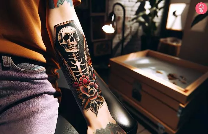 A woman with a gothic coffin tattoo on her forearm
