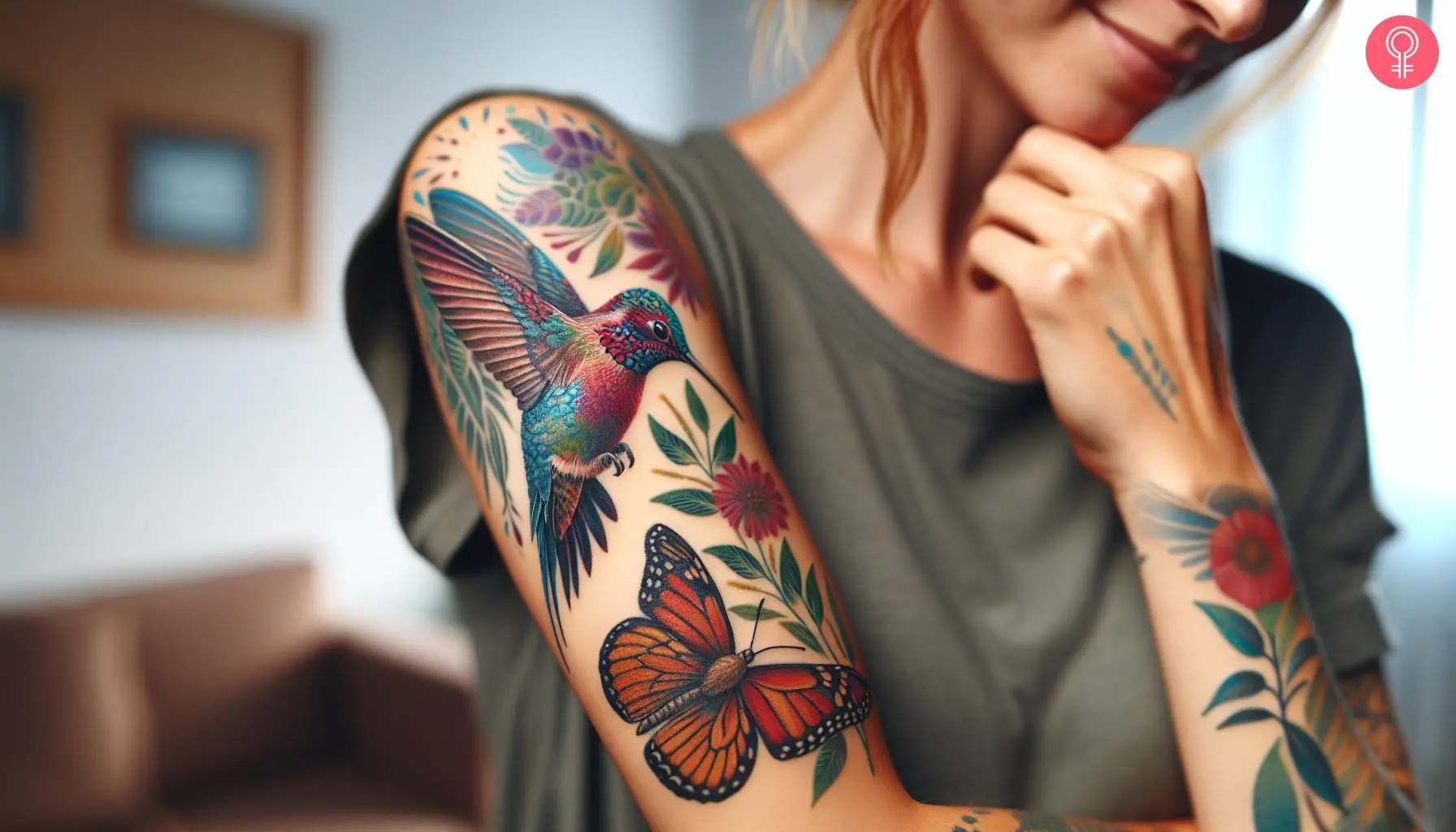 A woman with a hummingbird and butterfly tattoo on her arm