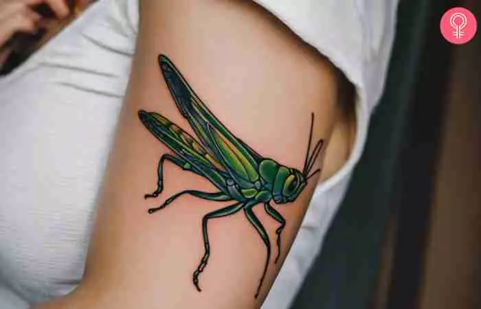 A woman with a large green cricket tattoo on her arm