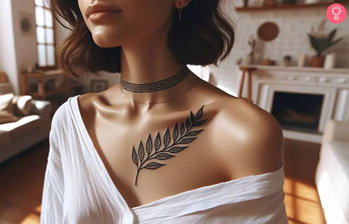 A woman with a laurel leaf tattoo on her chest