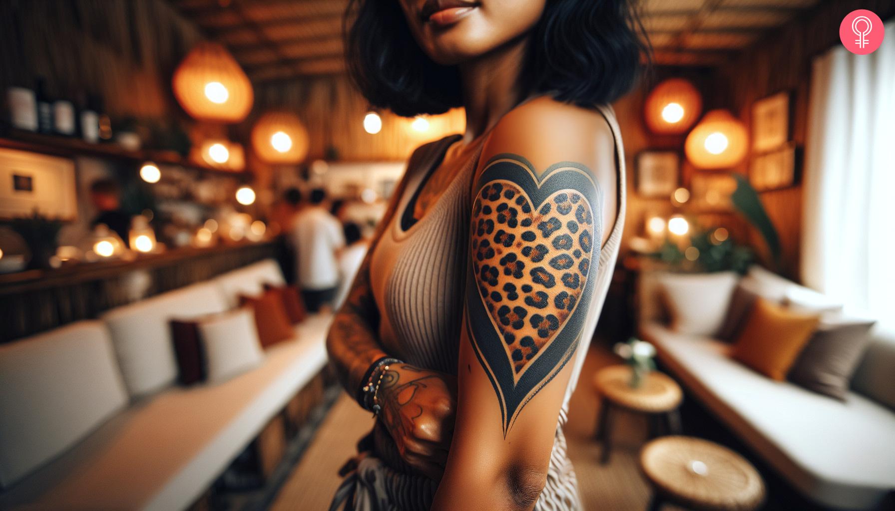 A woman with a leopard print heart tattoo on her arm