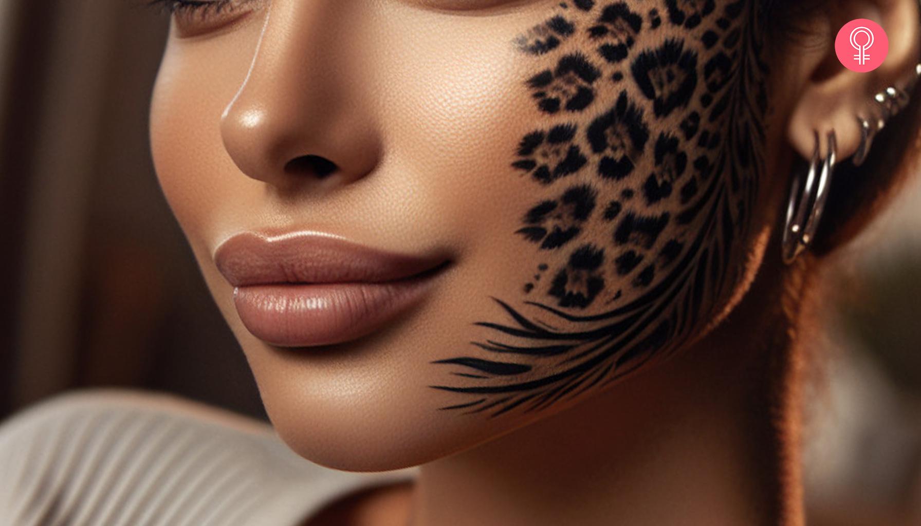 A woman with a leopard print tattoo on her face