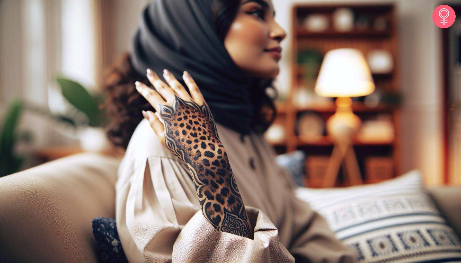 A woman with a leopard print tattoo on her hand