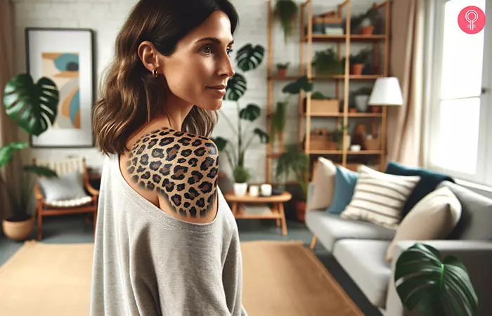 A woman with a leopard print tattoo on her shoulder
