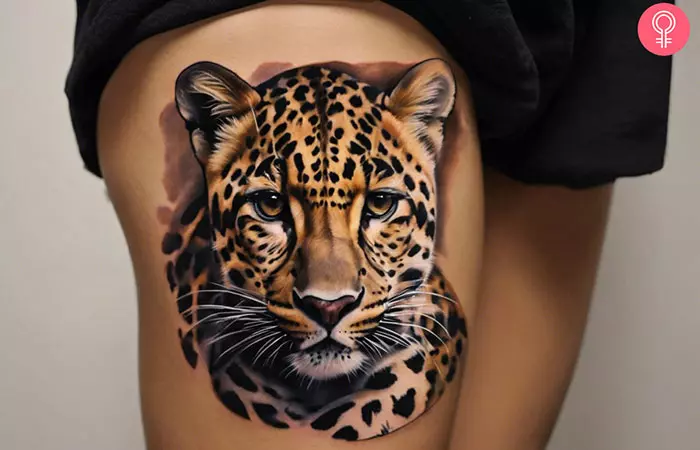 A woman with a leopard print tattoo on her thigh