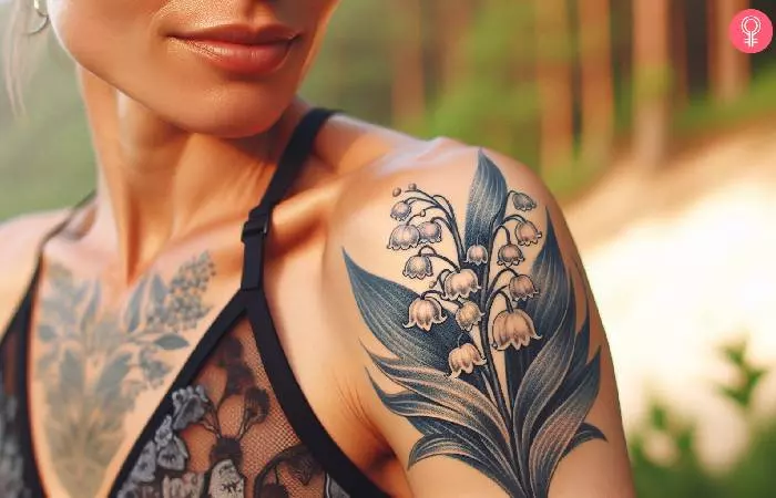 A woman with a lily of the valley tattoo on her arm