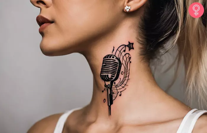 A woman with a microphone tattoo on her neck