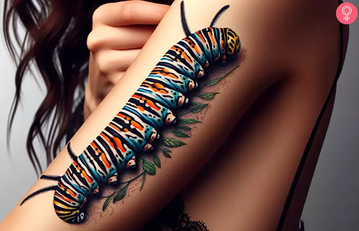 A woman with a monarch caterpillar tattoo on her arm