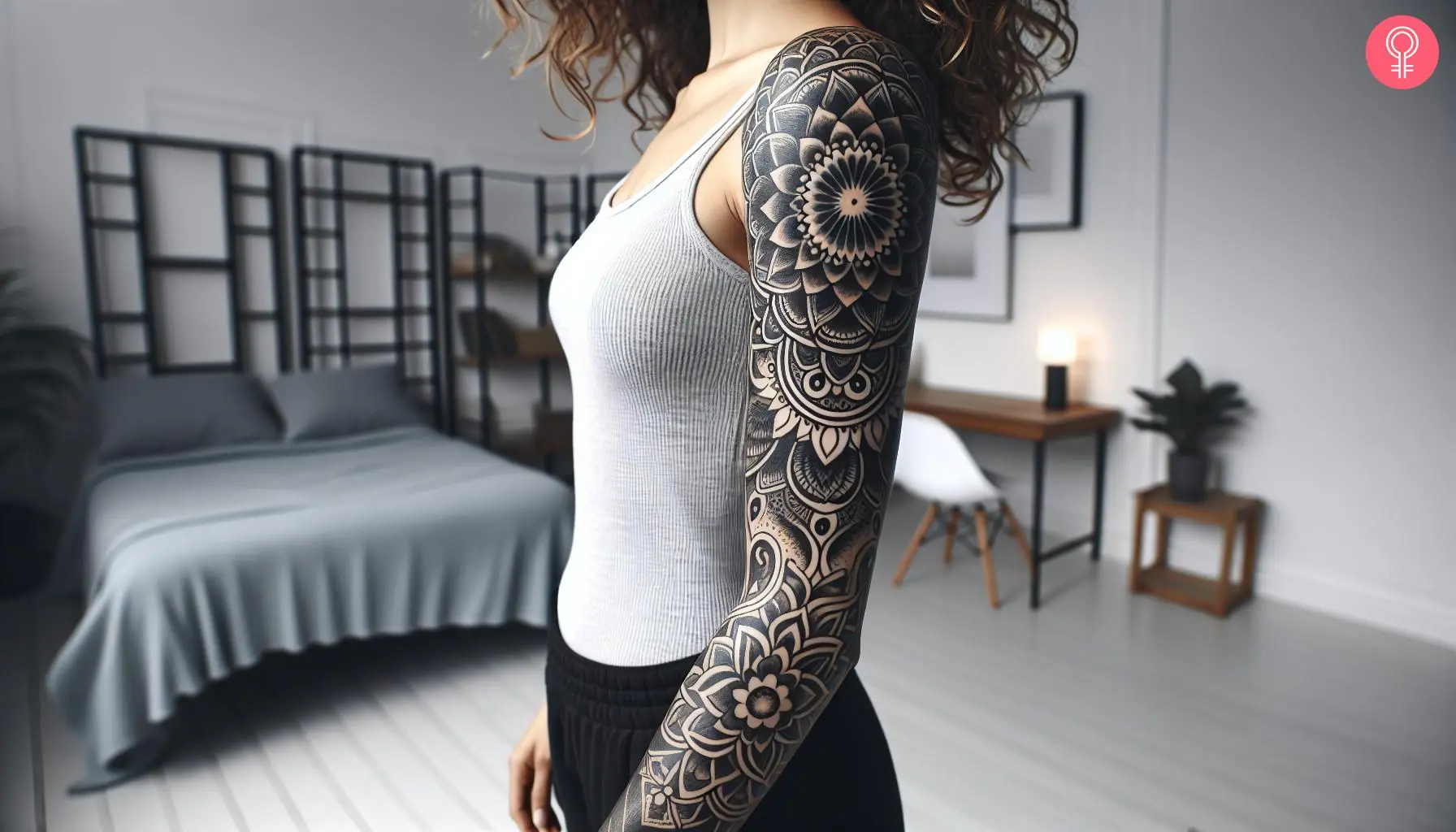 A woman with a negative space mandala blackout arm tattoo