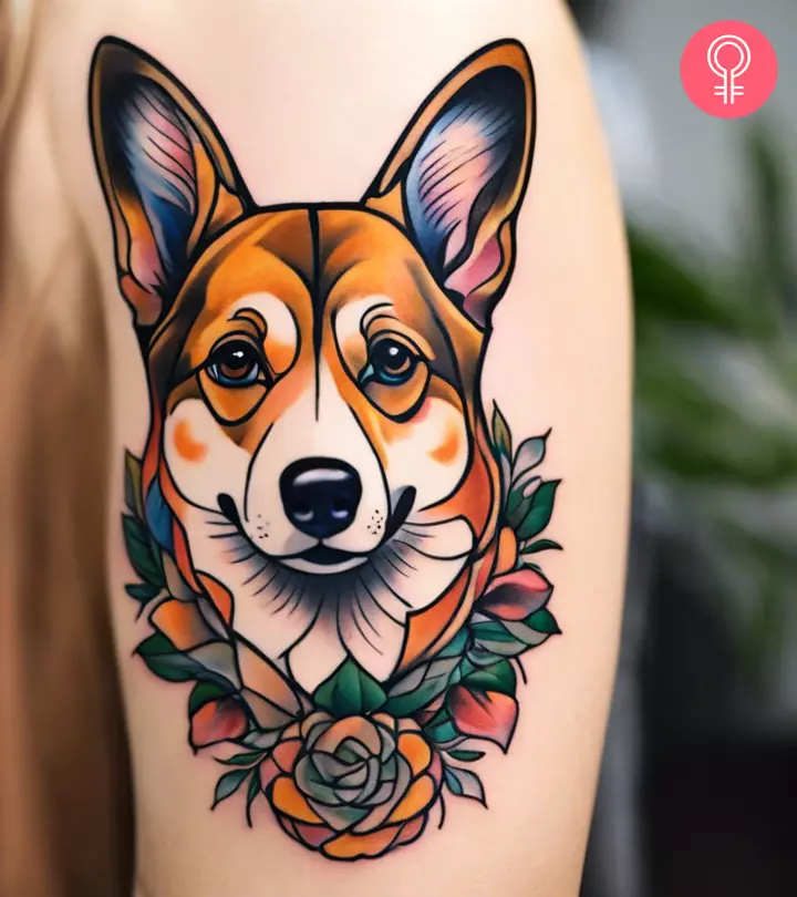A woman with a neo-traditional corgi tattoo on her upper arm
