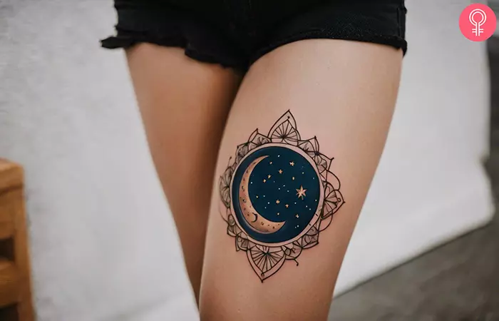A woman with a night sky moon and stars tattoo on her thigh