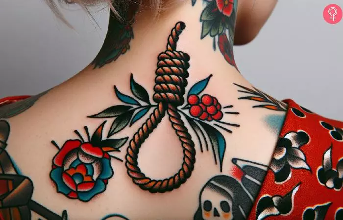 A woman with a noose and flower tattoo on the back of her neck