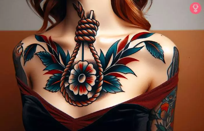 A woman with a noose surrounding a flower tattoo on her chest