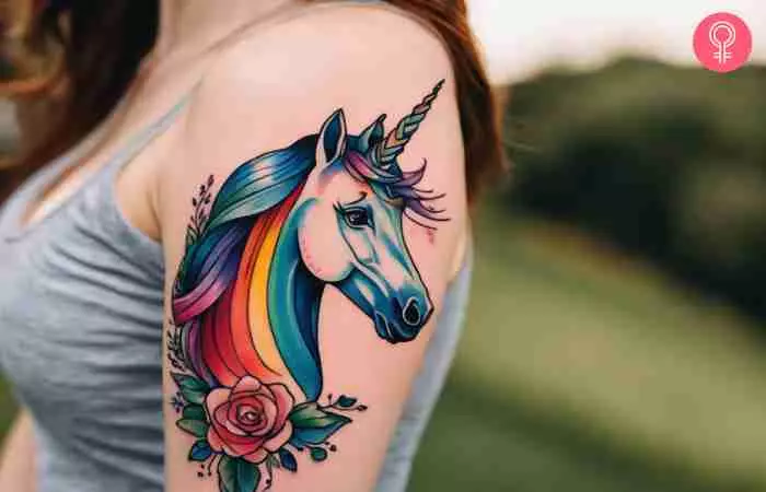 A woman with a rainbow unicorn tattoo on her upper arm