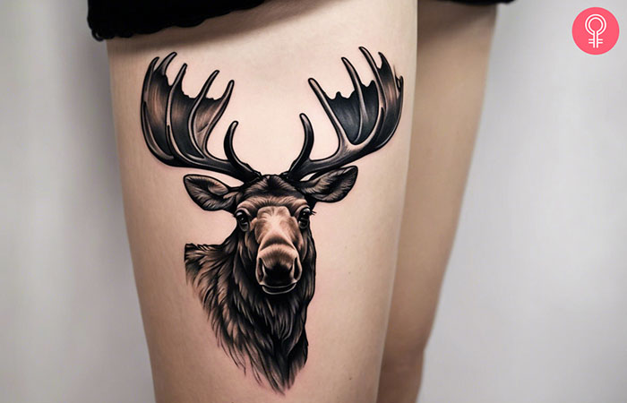 A woman with a realistic moose skull tattoo on her thigh