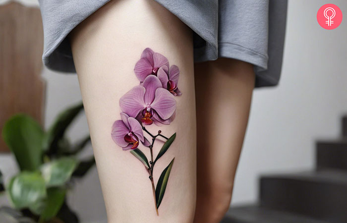 A woman with a realistic orchid tattoo