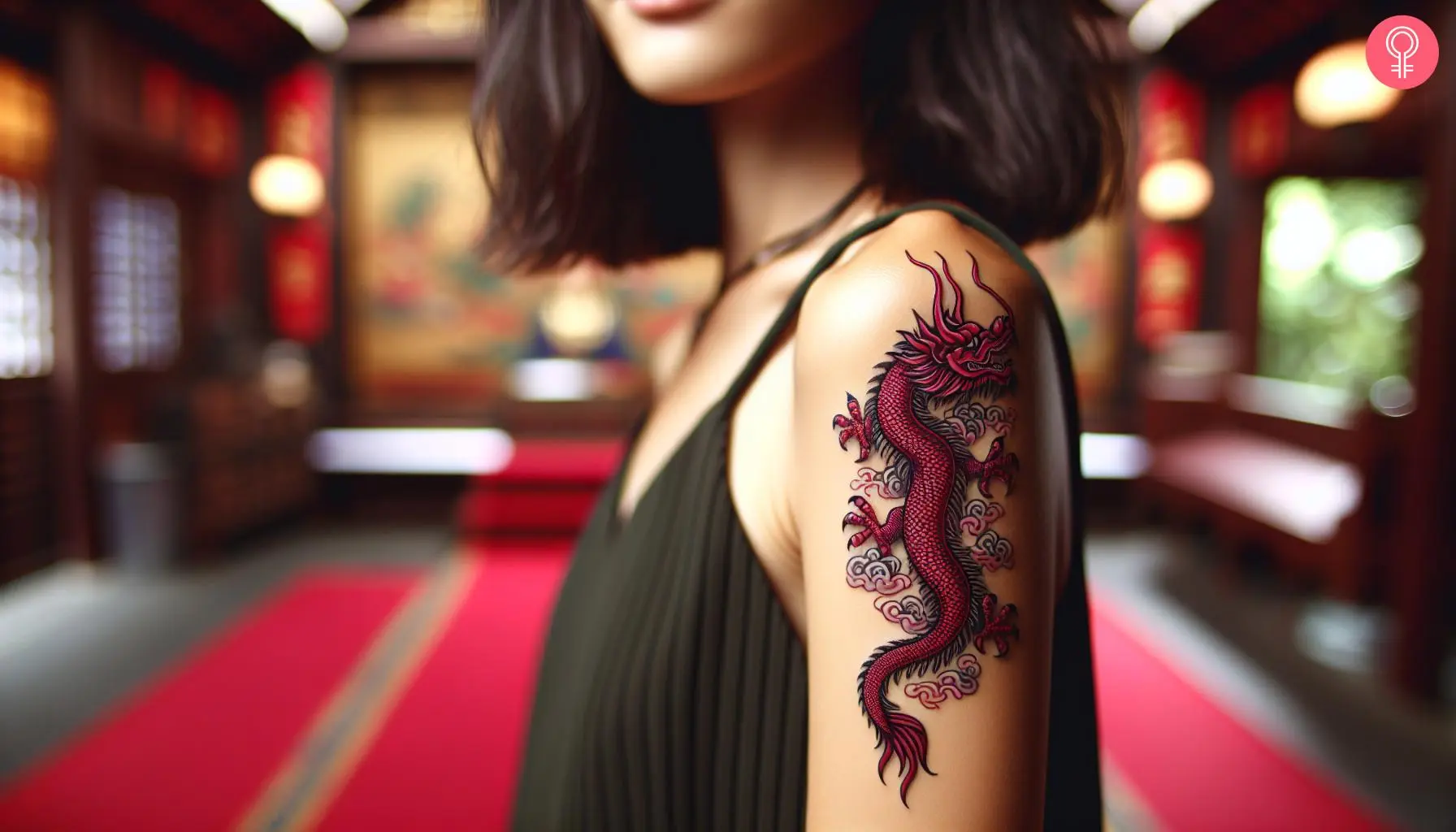 A woman with a red Japanese dragon tattoo on her upper arm