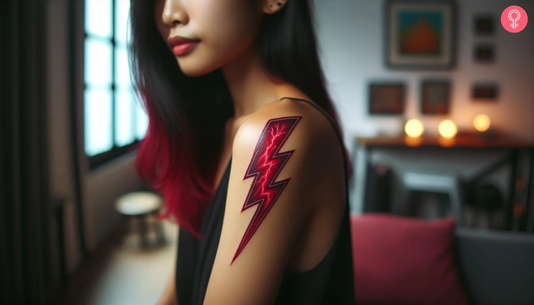 A woman with a red lightning bolt tattoo on her upper arm