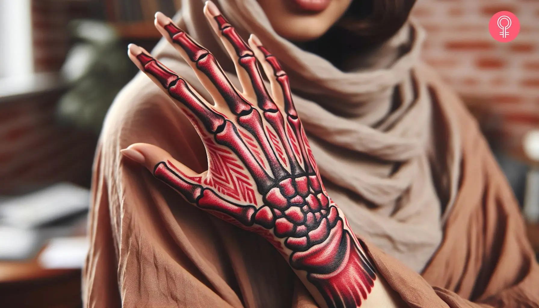 A woman with a red skeleton hand tattoo on her hand