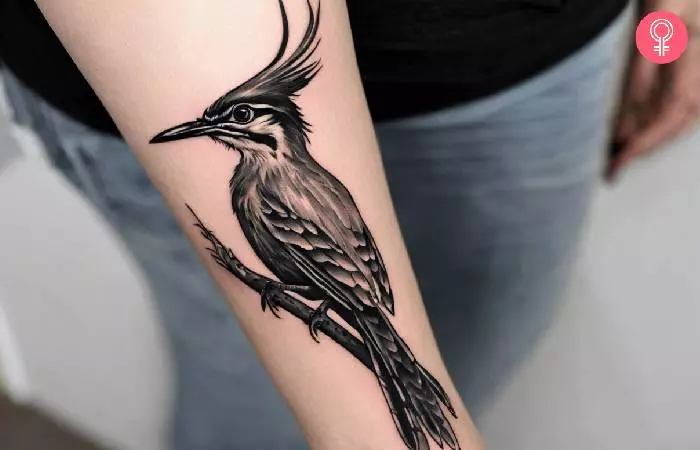 A woman with a roadrunner tattoo on the forearm