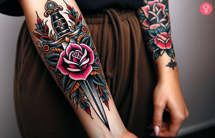 A woman with a rose and dagger tattoo on her forearm