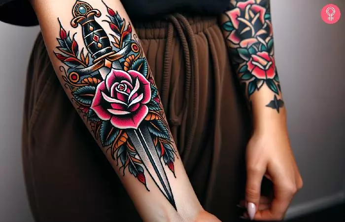 A woman with a rose and dagger tattoo on her forearm