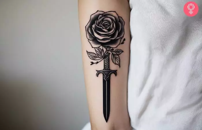 A woman with a rose and dagger tattoo on her upper arm